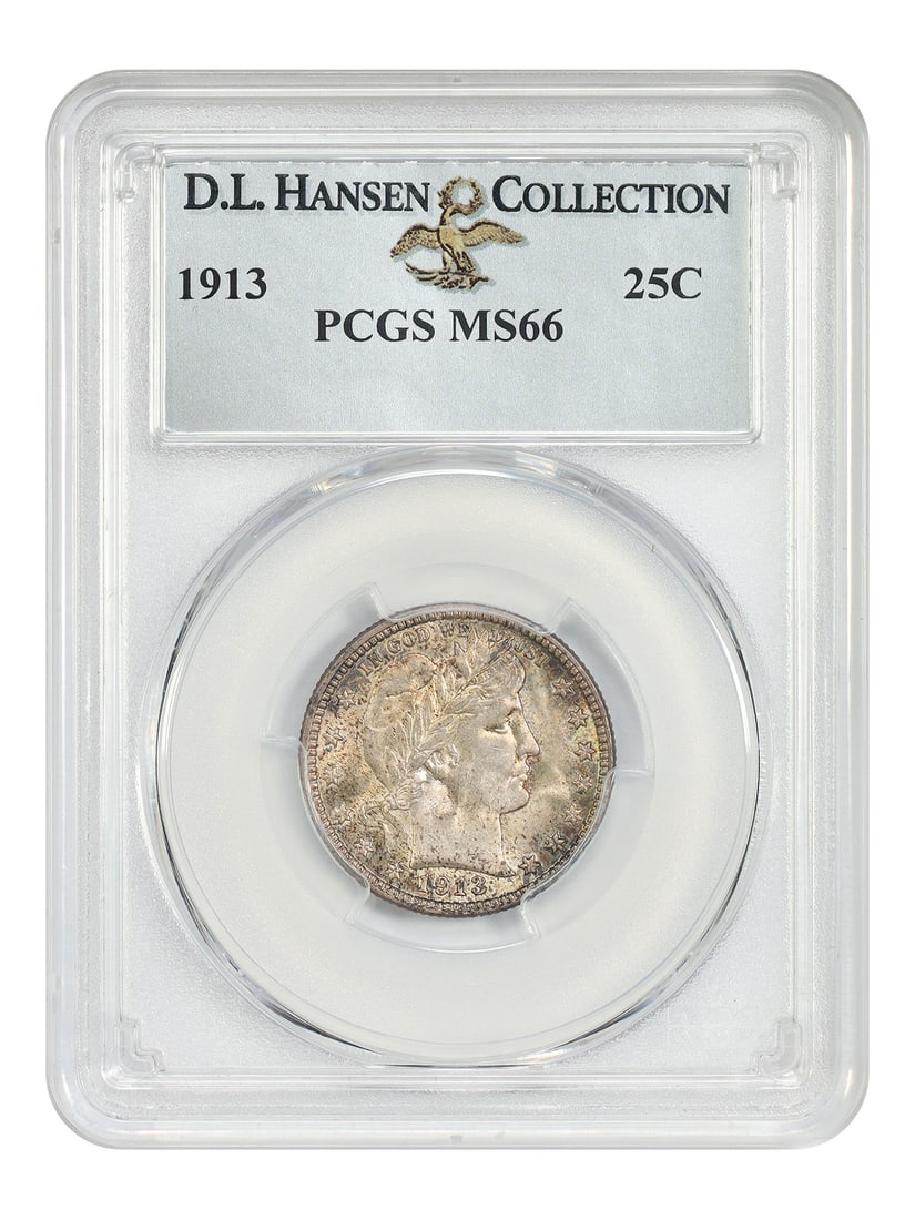 PCGS MS66 1913 Barber Quarter 25C ex D.L. Hansen: PCGS MS66 1913 Barber Quarter 25C ex D.L. Hansen 1913 Barber Quarter certified by PCGS in MS66 and pedigreed ex: D.L. Hansen. From a relatively low mintage of 484,000 pieces, this issue is described a