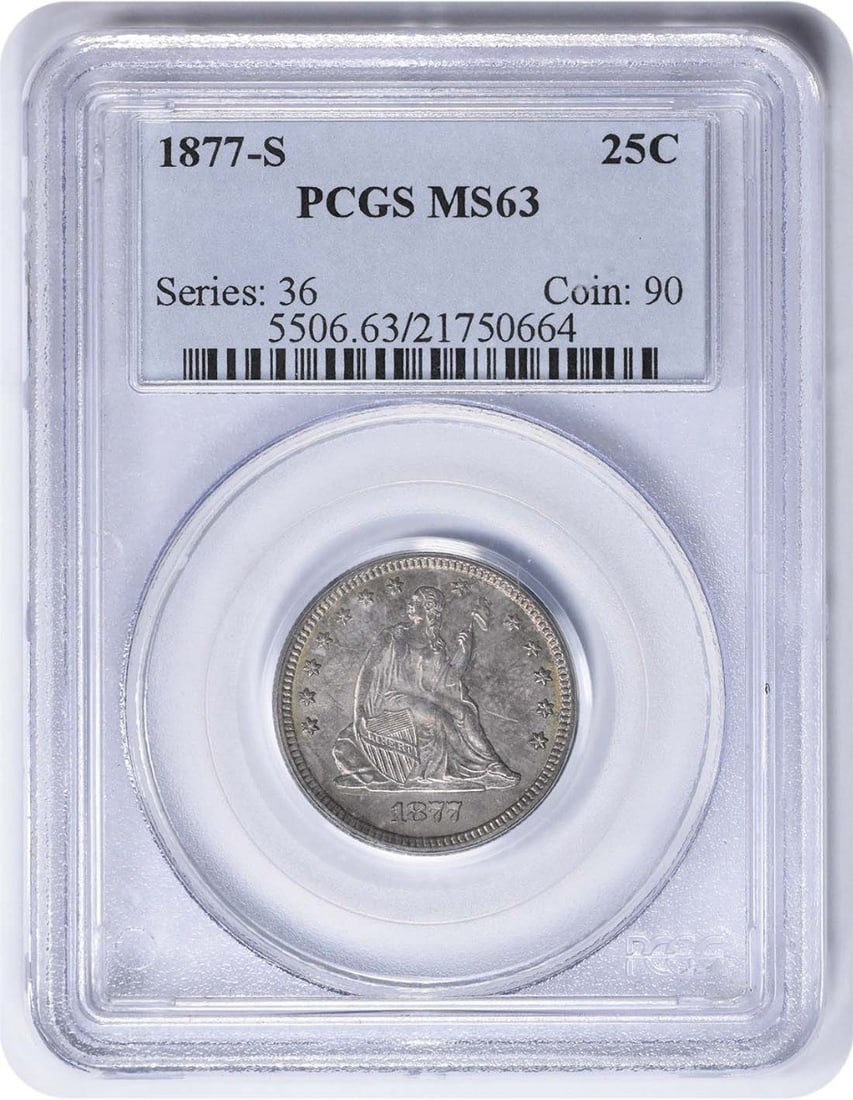 PCGS MS63 1877-S Seated Liberty 25C Silver Quarter: PCGS MS63 1877-S Seated Liberty 25C Silver Quarter 1877-S Liberty Seated silver quarter certified by PCGS and graded MS63. This uncirculated United States 25C coin features the Seated Liberty design a