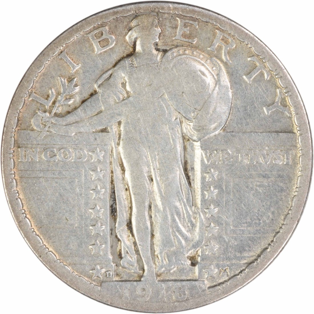 1918 D 25C Standing Liberty Quarter Silver VF Uncertified: 1918 D 25C Standing Liberty Quarter Silver VF Uncertified 1918-D Standing Liberty quarter in circulated VF condition. This uncertified United States 25C coin is composed of silver and is offered as a 