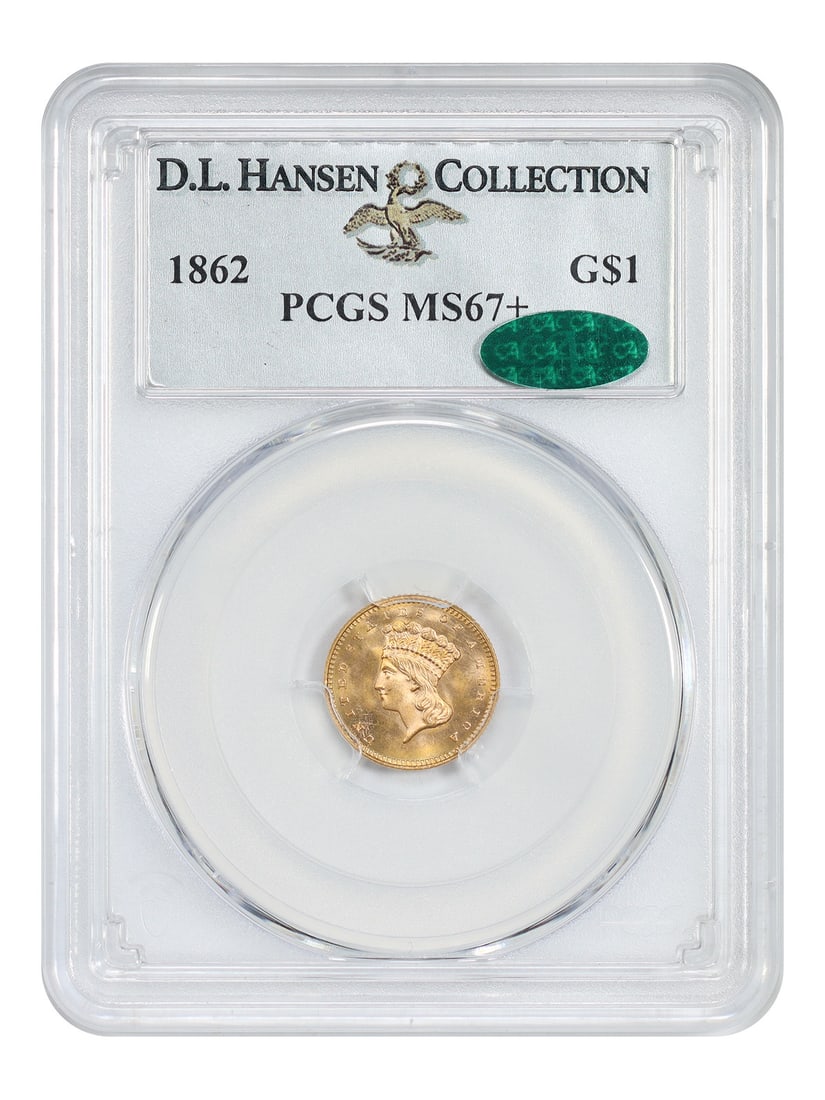 1862 Gold Dollar G$1 PCGS CAC MS67+ ex D.L. Hansen: 1862 Gold Dollar G$1 PCGS CAC MS67+ ex D.L. Hansen 1862 Gold Dollar certified by PCGS and approved by CAC, offered in MS67+ condition. With a mintage of 1,361,355, this is the most common Type 3 gold 