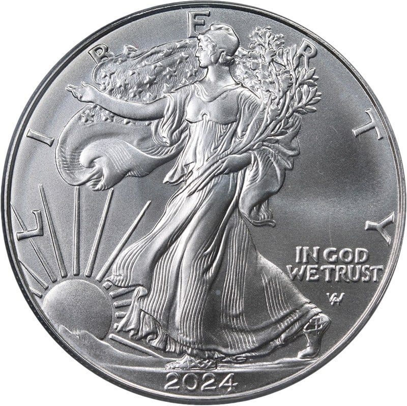 PCGS MS70 First Strike 2024 Silver American Eagle Dollar: PCGS MS70 First Strike 2024 Silver American Eagle Dollar Original 2024 Silver American Eagle $1 certified by PCGS as MS70 with a First Strike Flag Label. This uncirculated silver coin is offered as a 