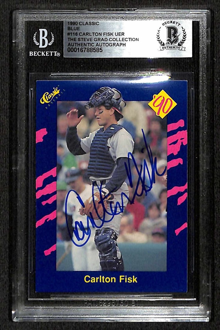 Carlton Fisk 1990 Classic Blue #116 Auto Card Beckett Authenticated White Sox: Carlton Fisk 1990 Classic Blue #116 Auto Card Beckett Authenticated White Sox Celebrate the legacy of Carlton Fisk with this 1990 Classic Blue #116 baseball card, featuring the legendary catcher in fu