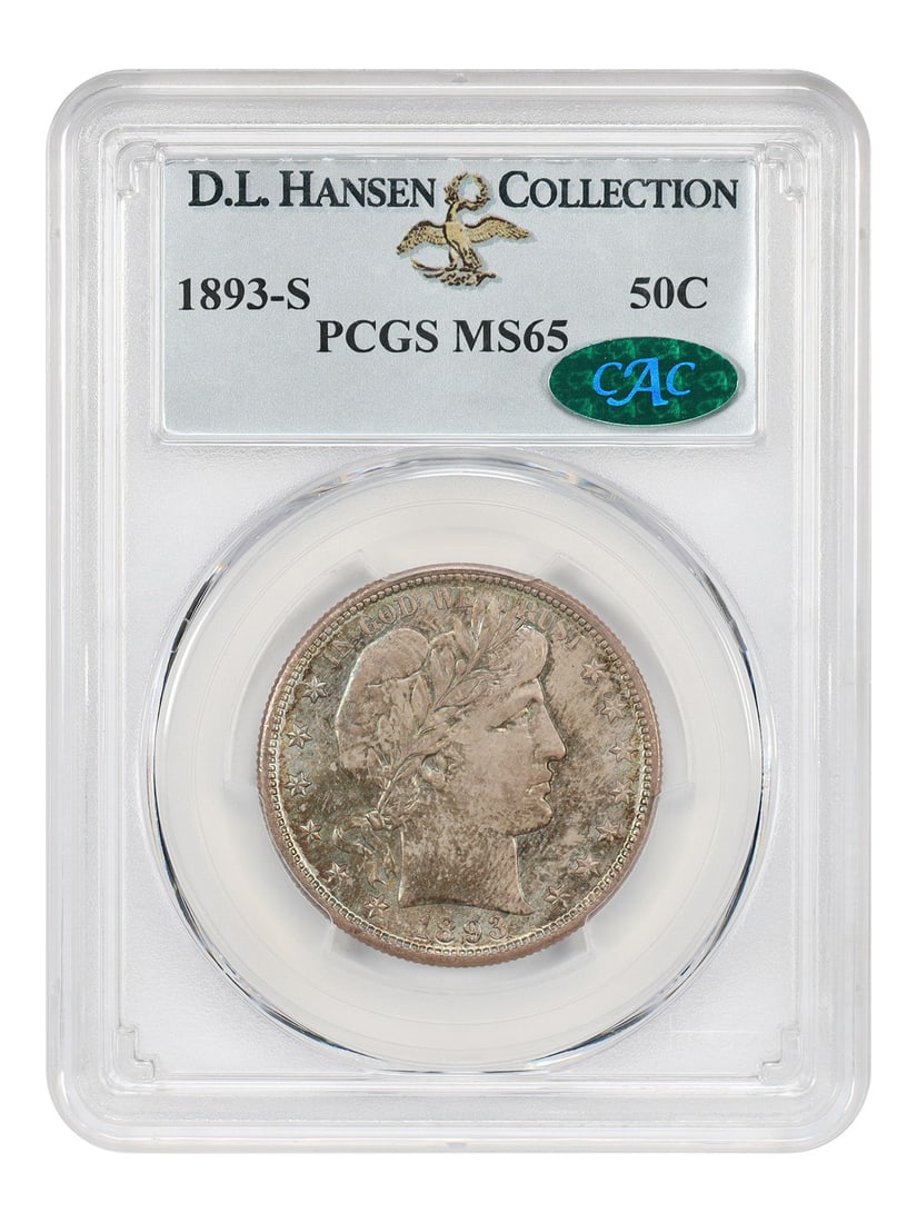 Barber Half Dollar 1893-S 50C PCGS MS65 CAC ex D.L. Hansen: Barber Half Dollar 1893-S 50C PCGS MS65 CAC ex D.L. Hansen 1893-S Barber Half Dollar graded PCGS MS65 with CAC approval, offered ex: D.L. Hansen. The 1893-S has the third lowest mintage of 19th centur