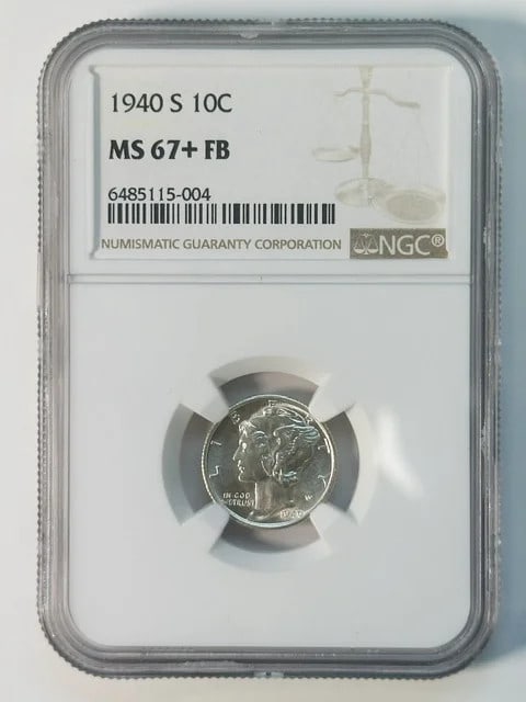NGC MS-67+ FB 1940 S Mercury Silver Dime: NGC MS-67+ FB 1940 S Mercury Silver Dime 1940 Mercury dime certified by NGC and graded MS 67+ with Full Bands designation. This silver U.S. dime is a pre-owned coin. Specifications Item Type: Coin Coi