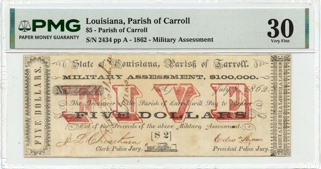 PMG VF30 1862 Parish of Carroll Louisiana $5 Obsolete Note (1 of 2)