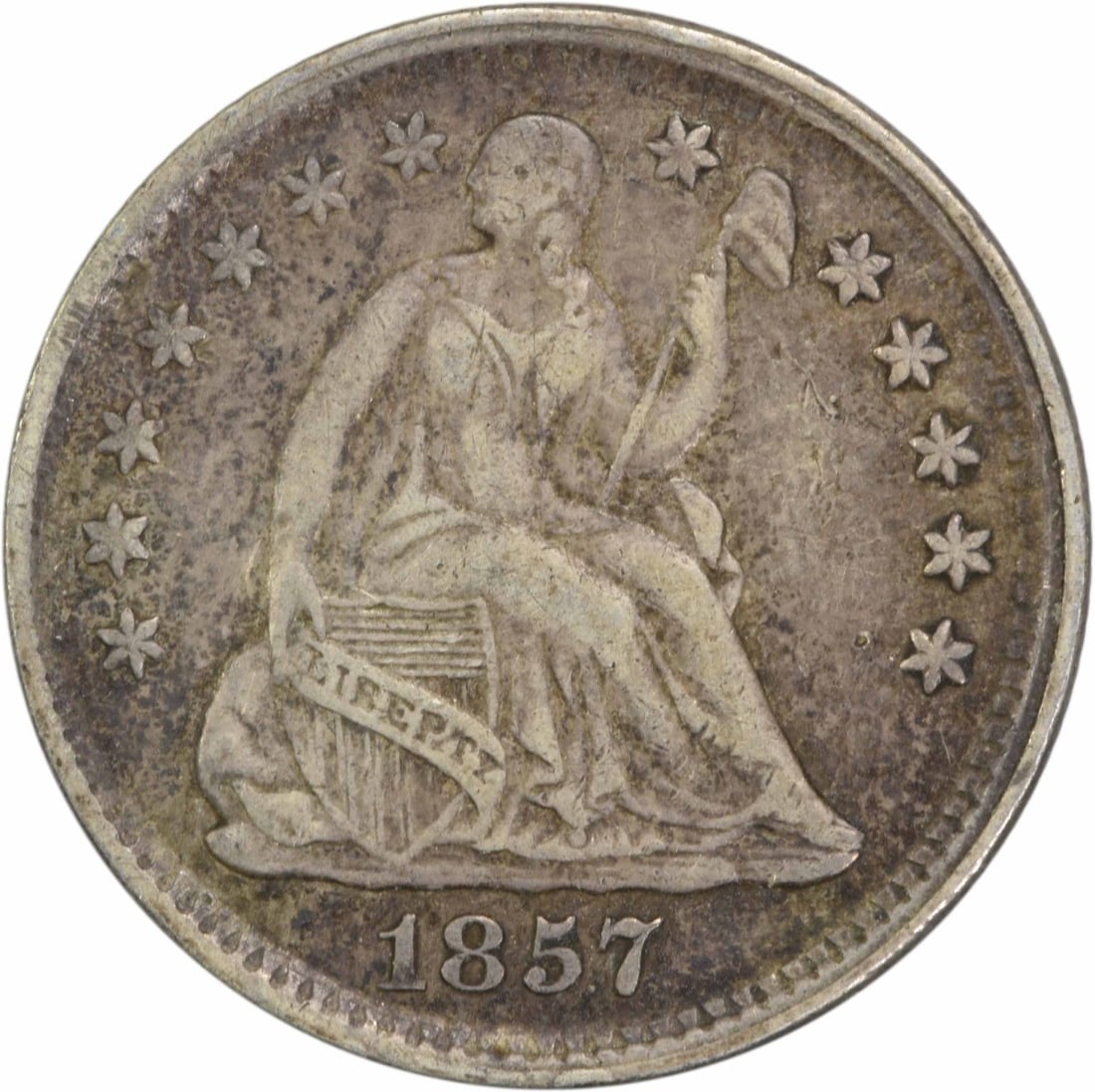 1857 Liberty Seated Half Dime 90% Silver Uncertified: 1857 Liberty Seated Half Dime 90% Silver Uncertified This 1857 Liberty Seated Silver Half Dime showcases a classic design by Christian Gobrecht. Struck at the Philadelphia Mint, this coin features a r