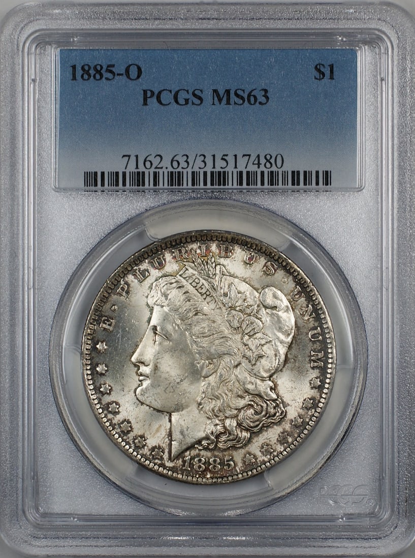 PCGS MS63 1885-O Silver Morgan Dollar Uncirculated New Orleans Mint Coin: PCGS MS63 1885-O Silver Morgan Dollar Uncirculated New Orleans Mint Coin This 1885-O Morgan Silver Dollar is a $1 coin minted in New Orleans. Certified by PCGS with a grade of MS 63, it is composed of