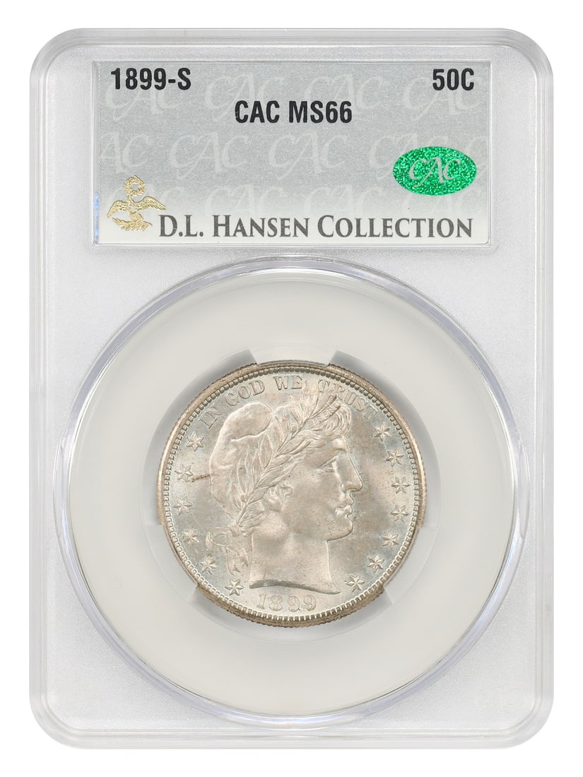 CACG MS66 1899-S Barber Half Dollar ex D.L. Hansen: CACG MS66 1899-S Barber Half Dollar ex D.L. Hansen 1899-S Barber Half Dollar certified MS66 by CACG, with provenance to the D.L. Hansen Collection. This uncirculated coin traces its ownership from J.M