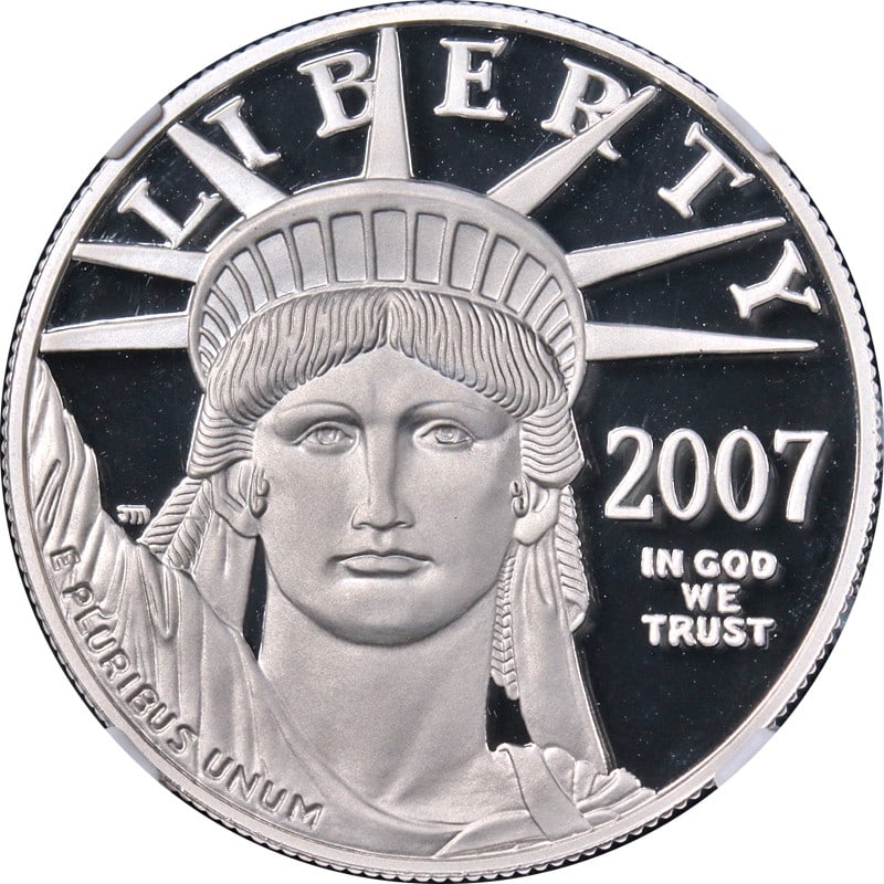 NGC PF70 Ultra Cameo 2007-W Platinum Eagle $100 Coin: NGC PF70 Ultra Cameo 2007-W Platinum Eagle $100 Coin This is a 2007-W Platinum American Eagle $100 coin, certified by NGC as PF70 Ultra Cameo with the Brown Label. Struck in 0.9995 fine platinum, this