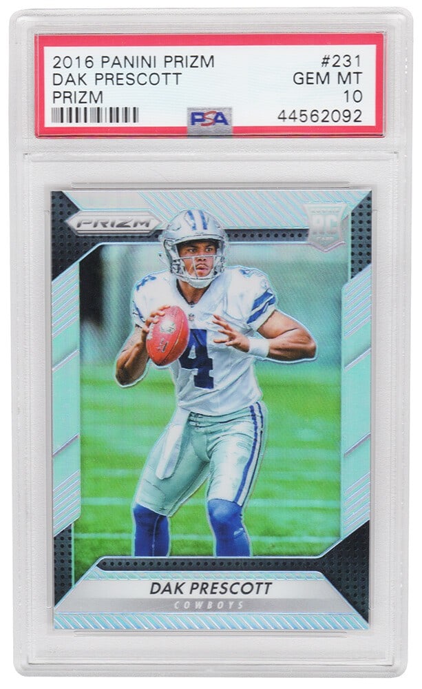 Dak Prescott 2016 Panini Prizm #231 Rookie Card PSA 10 Gem Mint: Dak Prescott 2016 Panini Prizm #231 Rookie Card PSA 10 Gem Mint This listing features a Dak Prescott 2016 Panini Prizm #231 Prizm rookie card, encapsulated and graded Gem Mint 10 by Professional Sport