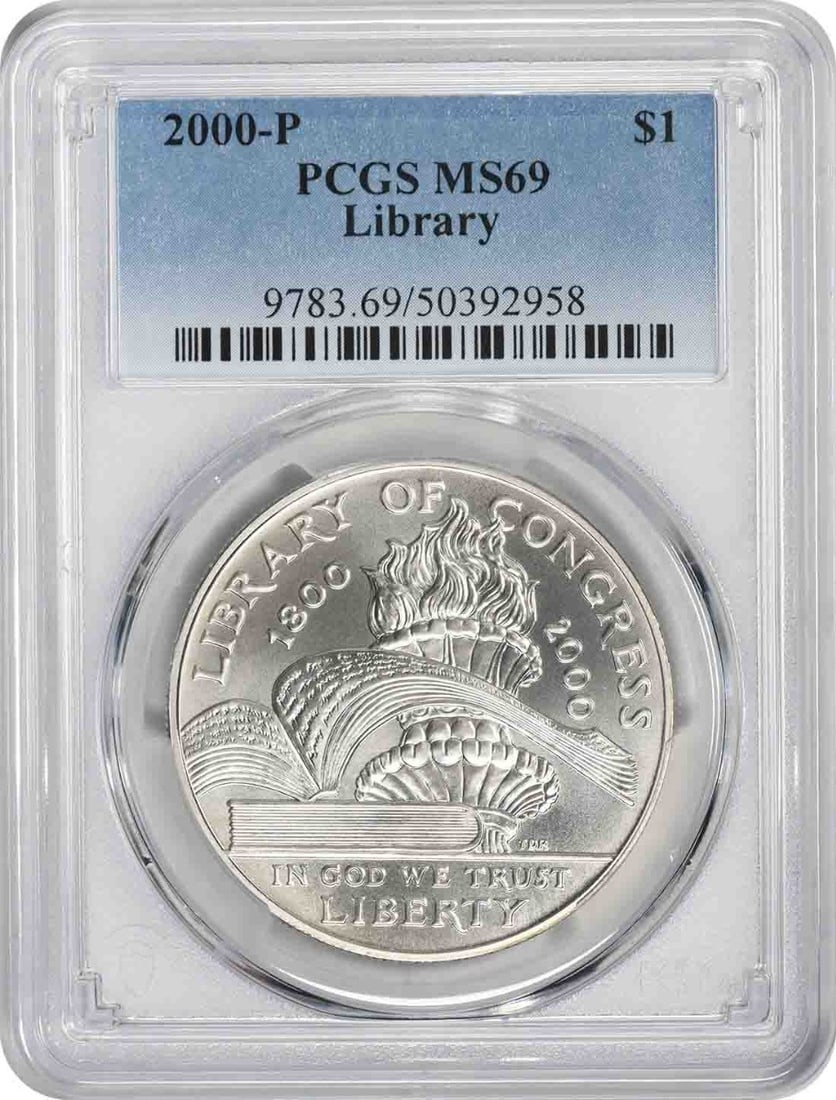 PCGS MS69 2000-P Library of Congress silver dollar: PCGS MS69 2000-P Library of Congress silver dollar This 2000-P Library of Congress Silver Commemorative Dollar is a United States coin struck at the Philadelphia Mint. Graded MS69 by PCGS, it is compo