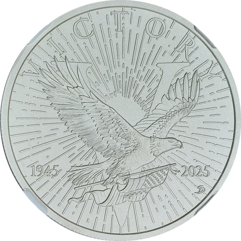 NGC MS70 Matte 2025 Ascension 1 oz Silver $1 WWII 80th Anniversary: NGC MS70 Matte 2025 Ascension 1 oz Silver $1 WWII 80th Anniversary Original 2025 Ascension 1 ounce silver $1 coin commemorating the End of WWII 80th Anniversary. This uncirculated coin is graded NGC M
