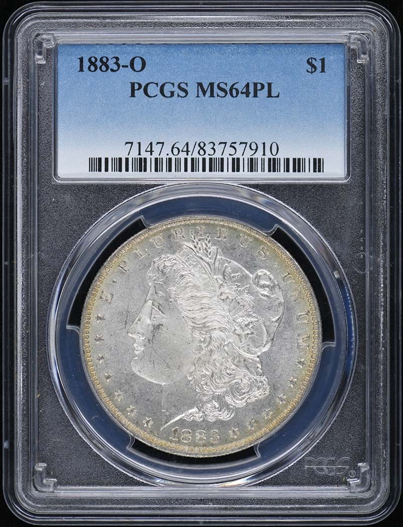 PCGS MS64PL 1883-O Morgan Dollar New Orleans Mint: PCGS MS64PL 1883-O Morgan Dollar New Orleans Mint This 1883-O Morgan Dollar is graded MS64PL by PCGS, indicating a Mint State coin with a proof-like designation. Struck in New Orleans, this uncirculat