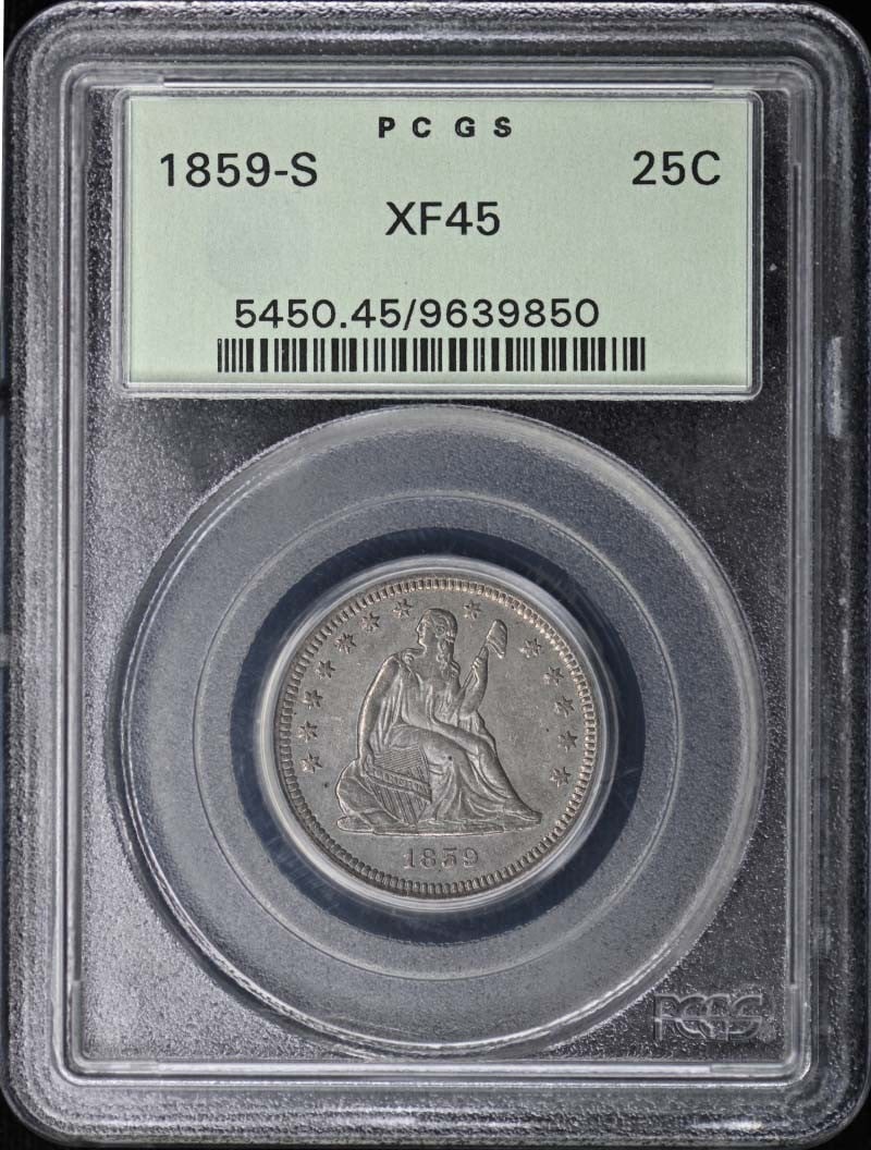 PCGS XF45 1859-S San Francisco Liberty Seated Quarter: PCGS XF45 1859-S San Francisco Liberty Seated Quarter This 1859 Liberty Seated Quarter was minted in San Francisco and has been certified by PCGS with a grade of XF45. The coin is circulated and featu