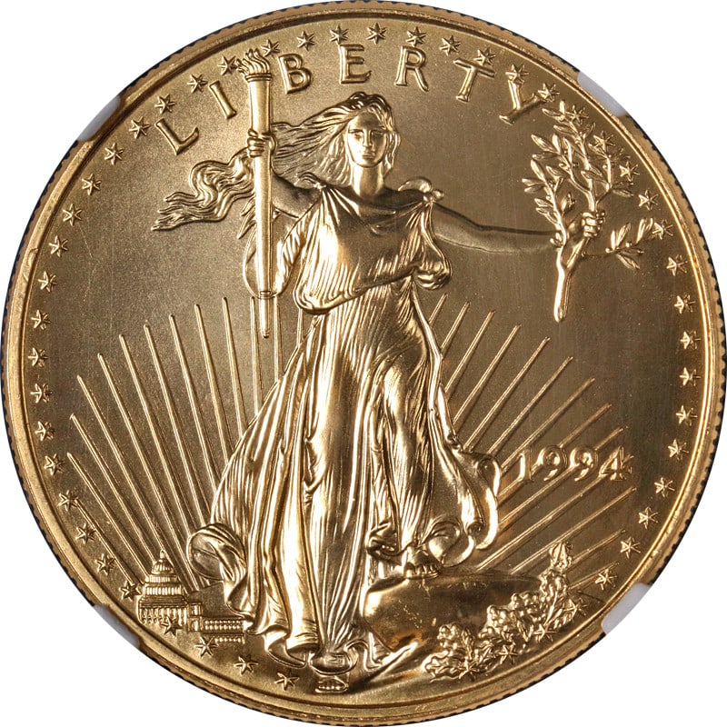 NGC MS70 Star 1994 American Eagle $50 Gold Coin: NGC MS70 Star 1994 American Eagle $50 Gold Coin This 1994 Gold American Eagle $50 coin is certified by NGC with a grade of MS70* STAR and features the Brown Label. Struck in gold and issued by the Uni