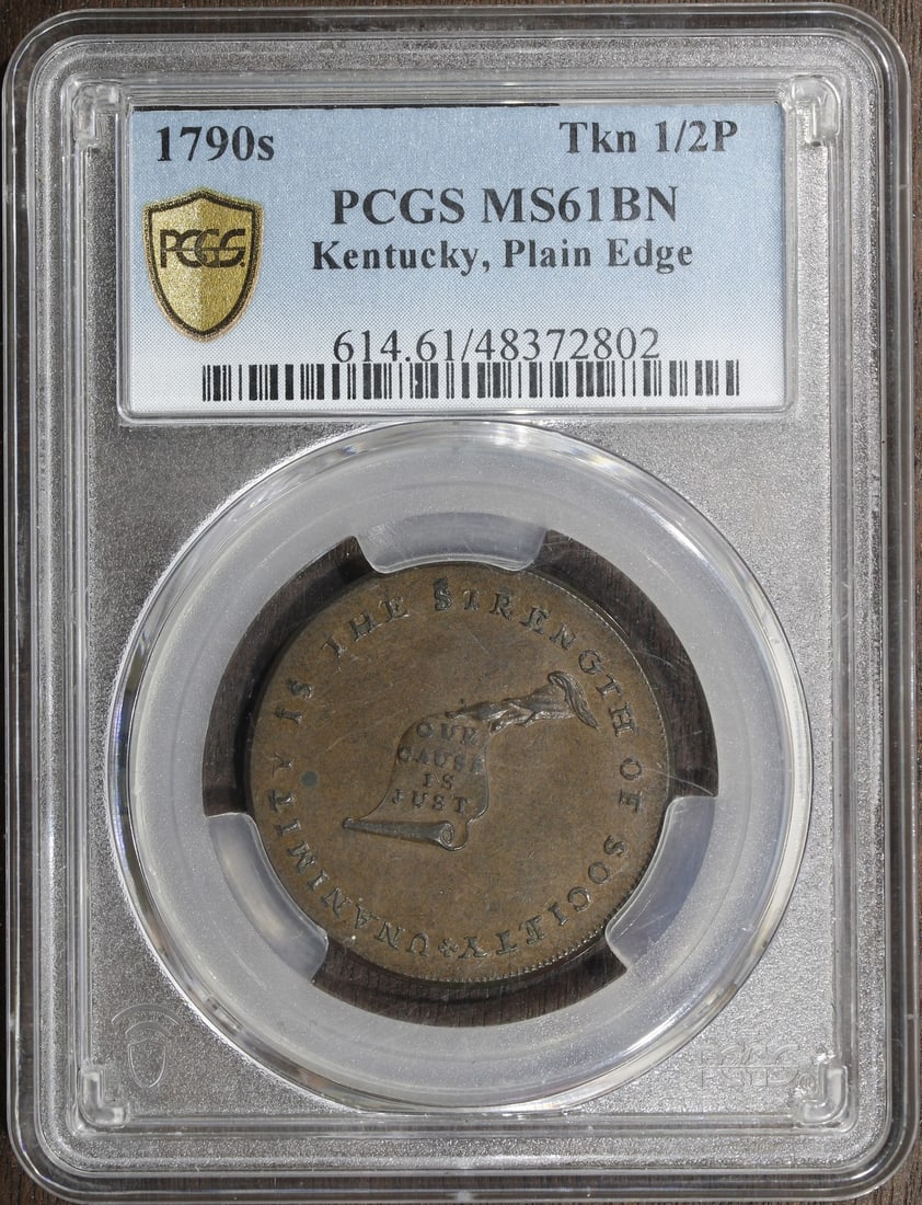 PCGS MS61BN 1790 Kentucky Token Plain Edge Half Penny: PCGS MS61BN 1790 Kentucky Token Plain Edge Half Penny Pre-owned 1790s Kentucky Token 1/2P with plain edge, graded MS61BN by PCGS. This colonial copper token is identified as a United States issue and 