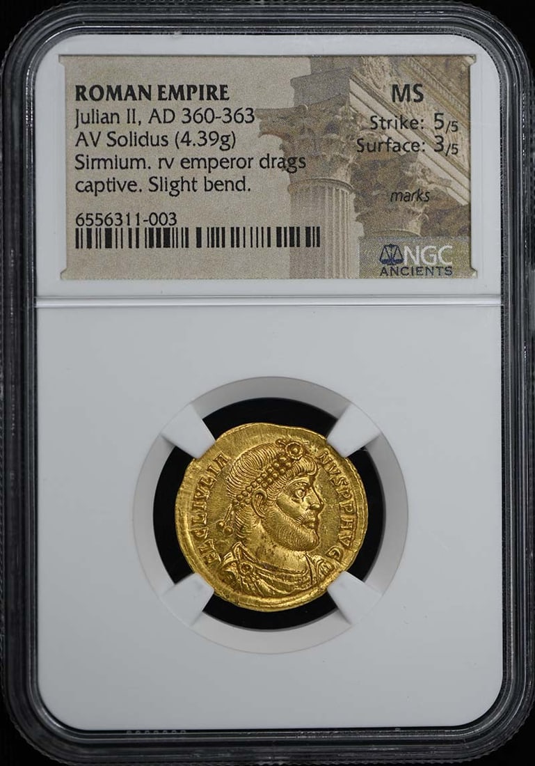 NGC MS Roman Empire Solidus of Julian II AD 360-363: NGC MS Roman Empire Solidus of Julian II AD 360-363 Ancient Roman solidus of Julian II, dated AD 360-363. This pre-owned coin is certified by NGC and graded Mint State (MS). Specifications Ruler: Juli