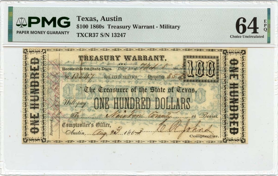 PMG Graded 1863 Austin Military Treasury $100 Obsolete Currency Note: PMG Graded 1863 Austin Military Treasury $100 Obsolete Currency Note This 1863 $100 Austin, Texas Obsolete Note is a Military Treasury Warrant from the United States. Graded PMG CU64 EPQ, this uncircu