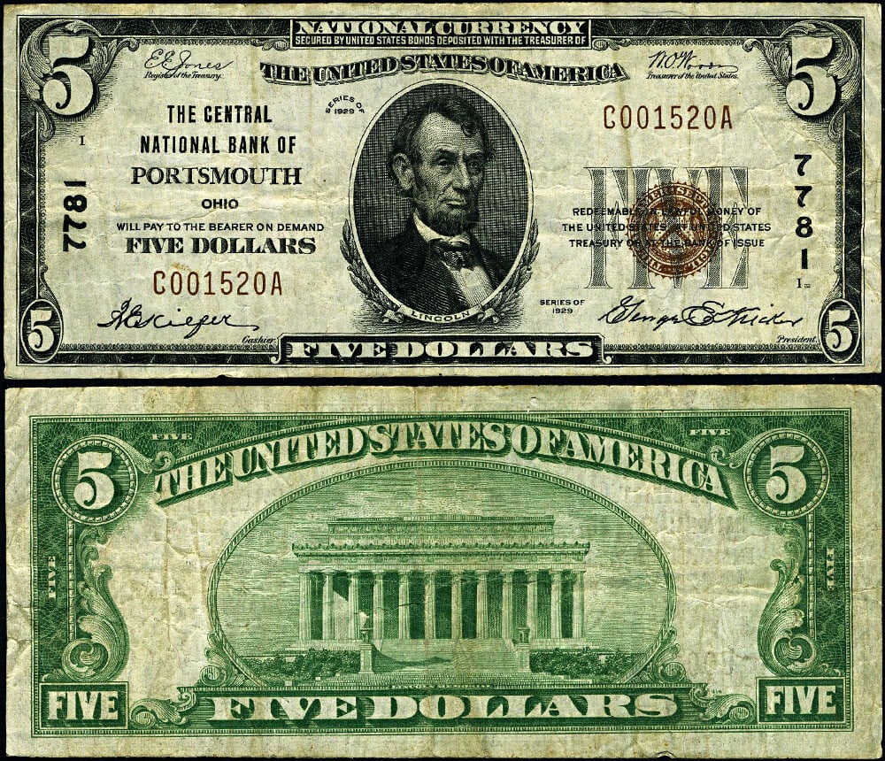 $5 Portsmouth Ohio 1929 T-1 Central National Bank Note: $5 Portsmouth Ohio 1929 T-1 Central National Bank Note This is a circulated 1929 Type 1 $5 National Bank Note issued by the Central National Bank of Portsmouth, Ohio (Charter #7781). The note is grade