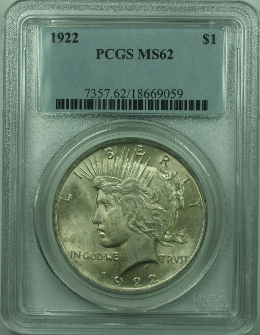 PCGS MS62 1922 Peace Dollar Silver Coin $1 Philadelphia Mint: PCGS MS62 1922 Peace Dollar Silver Coin $1 Philadelphia Mint This is a 1922 Peace Silver Dollar $1 coin from the United States, certified by PCGS with a grade of MS-62. The coin has an uncirculated co
