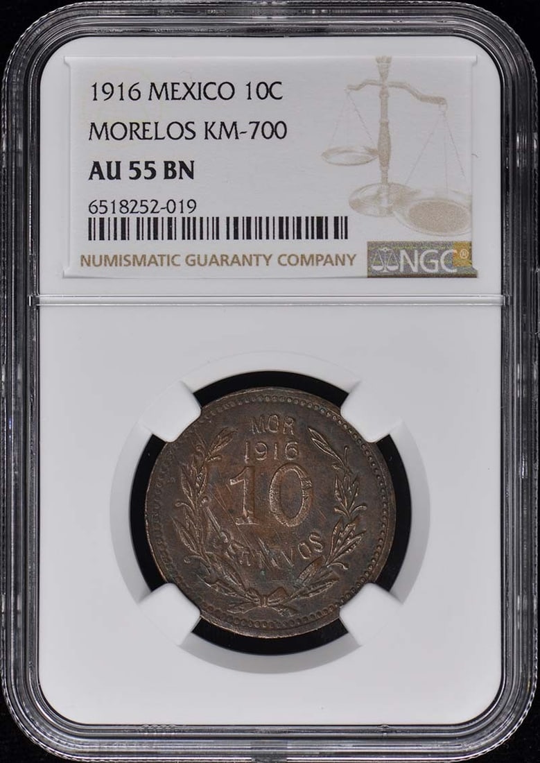 1916 Mexico Morelos 10 Centavos Coin NGC AU55 Certified: 1916 Mexico Morelos 10 Centavos Coin NGC AU55 Certified This 1916 Mexico Morelos 10 Centavos coin is certified by NGC with a grade of AU55. It shows signs of circulation, indicating its historical jou