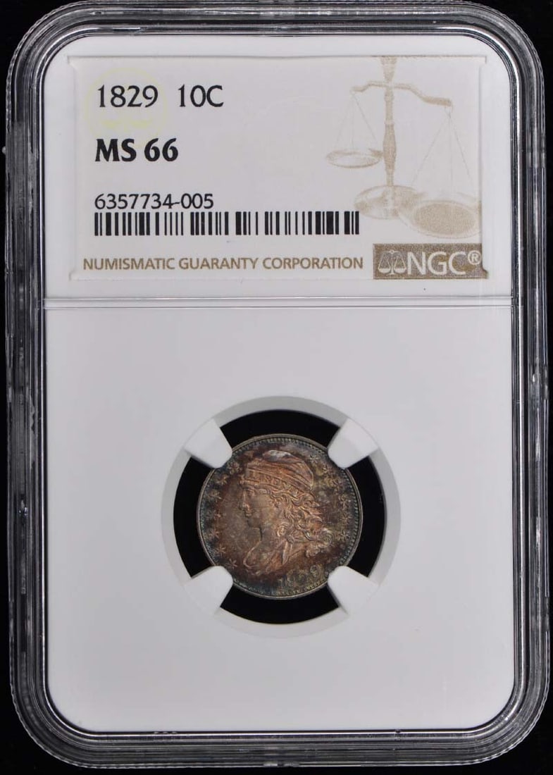 1829 Capped Bust Dime NGC MS66 Uncirculated Philadelphia Mint: 1829 Capped Bust Dime NGC MS66 Uncirculated Philadelphia Mint This 1829 Capped Bust Dime is a remarkable example of numismatic history, graded MS66 by NGC, ensuring its uncirculated condition. Struck 