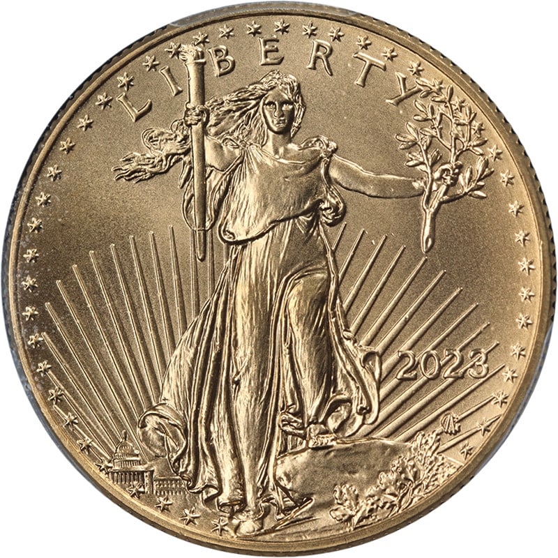 PCGS MS70 First Strike 2023 $25 Gold American Eagle Coin: PCGS MS70 First Strike 2023 $25 Gold American Eagle Coin This 2023 Gold American Eagle $25 coin is graded MS70 by PCGS, indicating a perfect, uncirculated condition. Issued as a First Strike, it featu