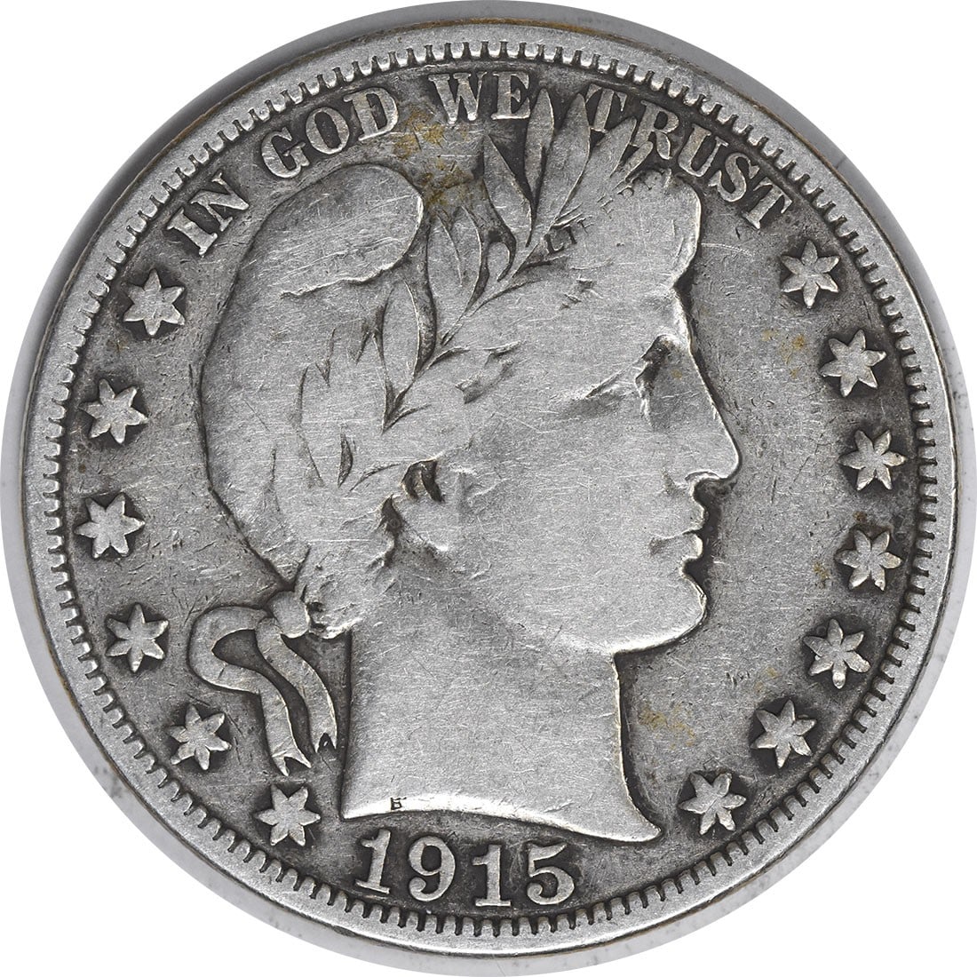 United States 1915 Barber 50C Silver Half Dollar Grade F Uncertified: United States 1915 Barber 50C Silver Half Dollar Grade F Uncertified 1915 Barber Half Dollar coin in circulated condition with a Fine grade. This uncertified United States 50C piece is composed of sil