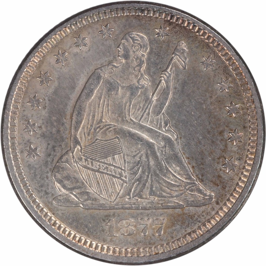 1877 Seated Liberty Silver 25C Quarter Choice BU Uncertified: 1877 Seated Liberty Silver 25C Quarter Choice BU Uncertified An 1877 Liberty Seated Silver Quarter in choice BU condition. The coin is uncertified, pre-owned, and described as circulated. It is a Unit