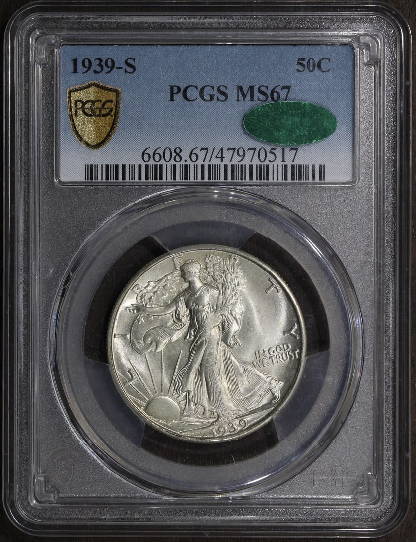PCGS CAC MS67 1939-S Walking Liberty Silver Half Dollar Coin: PCGS CAC MS67 1939-S Walking Liberty Silver Half Dollar Coin This is a 1939-S Walking Liberty Half Dollar graded MS67 by PCGS and approved by CAC. The coin is uncirculated, composed of 90% silver, and