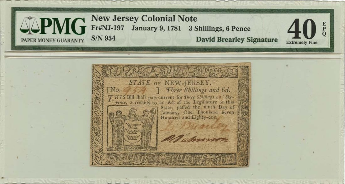New Jersey 3s6d Colonial Note January 9 1781 PMG XF40 FR#NJ-197: New Jersey 3s6d Colonial Note January 9 1781 PMG XF40 FR#NJ-197 This is a 1781 January 9 New Jersey Colonial note, denomination 3 shillings 6 pence, catalog reference FR#NJ-197. The note has been cert
