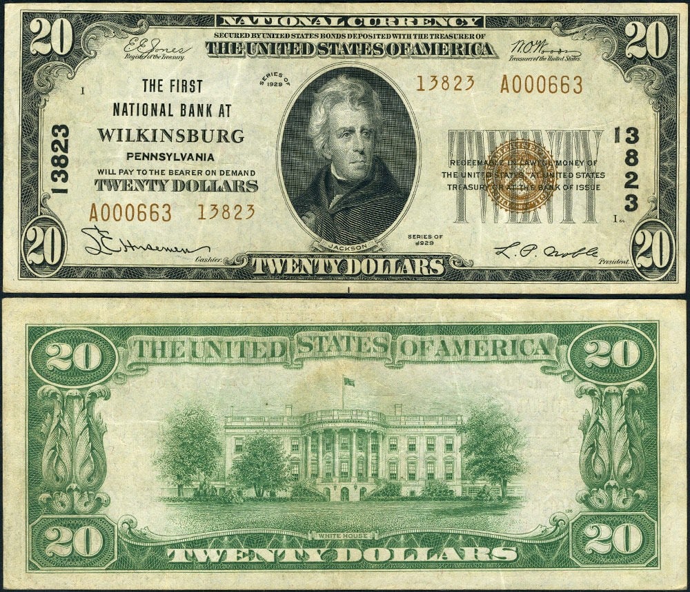 1929 T-2 $20 Wilkinsburg PA National Bank Note VF+: 1929 T-2 $20 Wilkinsburg PA National Bank Note VF+ This is a Wilkinsburg, Pennsylvania $20 National Bank Note from 1929, Type 2, issued by the First National Bank (Charter #13823). The note is a circu