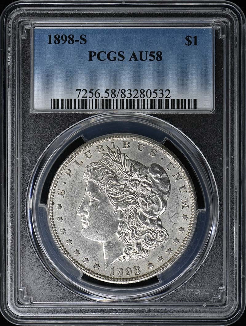 1898-S Morgan Dollar PCGS AU58 San Francisco: 1898-S Morgan Dollar PCGS AU58 San Francisco This 1898-S Morgan Dollar is a remarkable piece of numismatic history, certified by PCGS with a grade of AU58. Struck at the San Francisco mint, this coin 