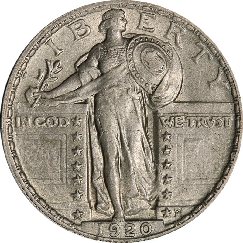 1920 P Standing Liberty Silver Quarter Choice AU BU: 1920 P Standing Liberty Silver Quarter Choice AU BU Original 1920-P Standing Liberty Quarter with Choice AU/BU grade. This pre-owned coin is described as having great eye appeal, nice luster, a nice s