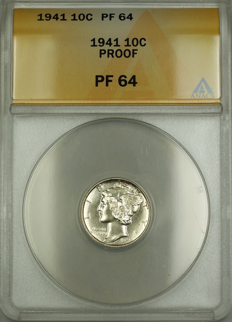 1941 Mercury Dime Proof Silver 10c ANACS Graded PF 64 Philadelphia: 1941 Mercury Dime Proof Silver 10c ANACS Graded PF 64 Philadelphia This 1941 Mercury Silver Dime is a proof strike graded PF 64 by ANACS. Minted in Philadelphia, the coin is composed of silver and rem