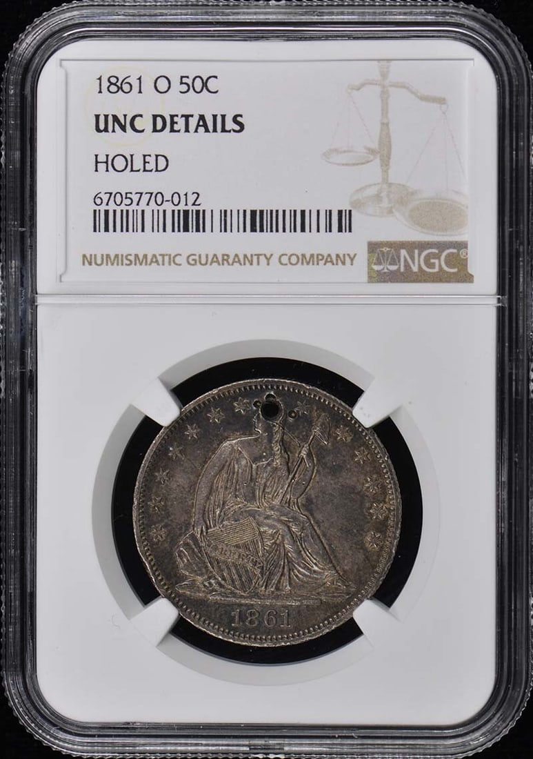 1861-O Seated Liberty Half Dollar NGC UNC Details Holed: 1861-O Seated Liberty Half Dollar NGC UNC Details Holed This 1861-O Seated Liberty Half Dollar is a notable collectible coin, certified by NGC with the grade of UNC Details. It features the iconic Lib