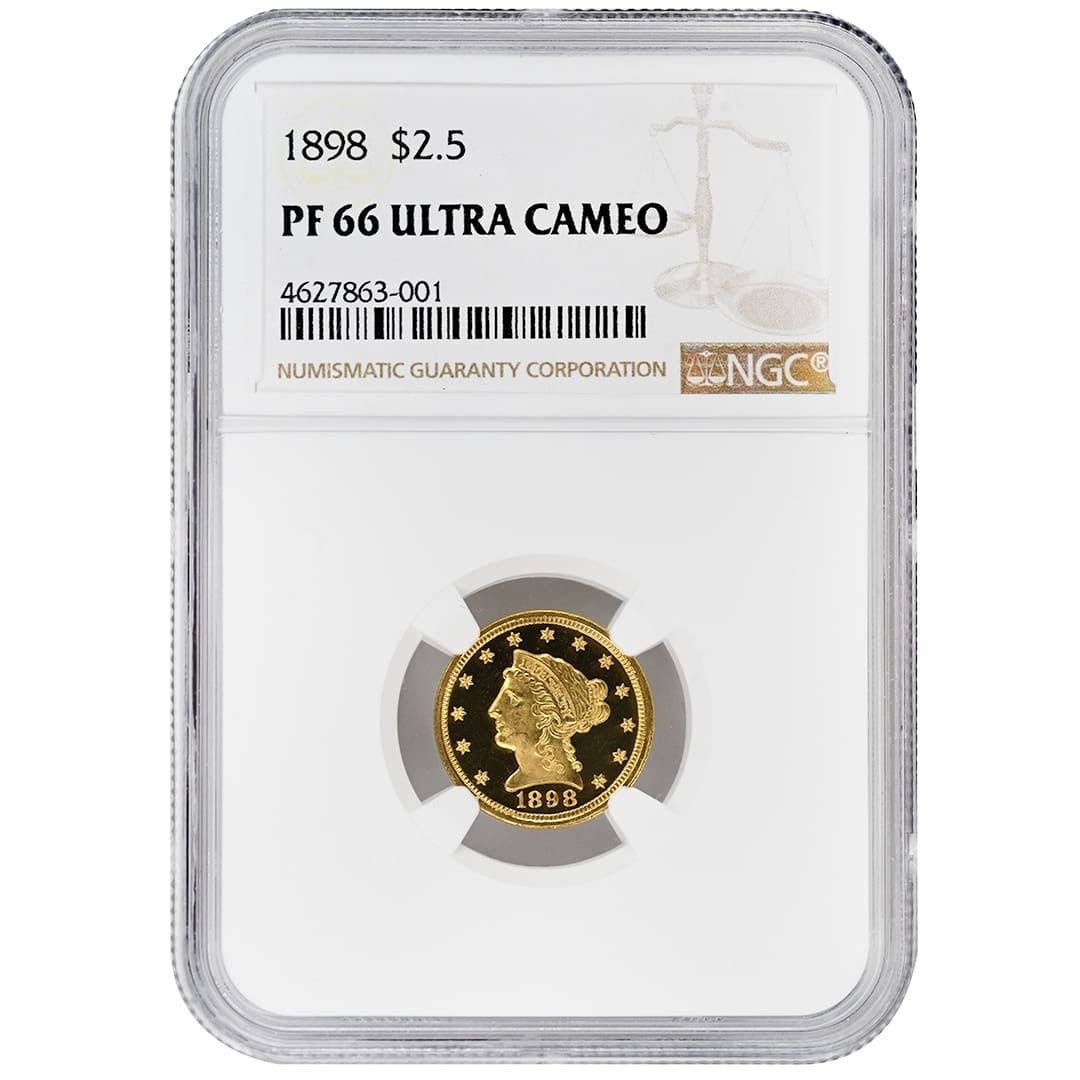 1898 Liberty Head $2.50 Gold Proof Coin NGC PF66UCAM: 1898 Liberty Head $2.50 Gold Proof Coin NGC PF66UCAM 1898 $2.50 Liberty Head gold coin certified by NGC as PF66UCAM. This proof issue is described as a Super Deep Cameo and remains in uncirculated, pr