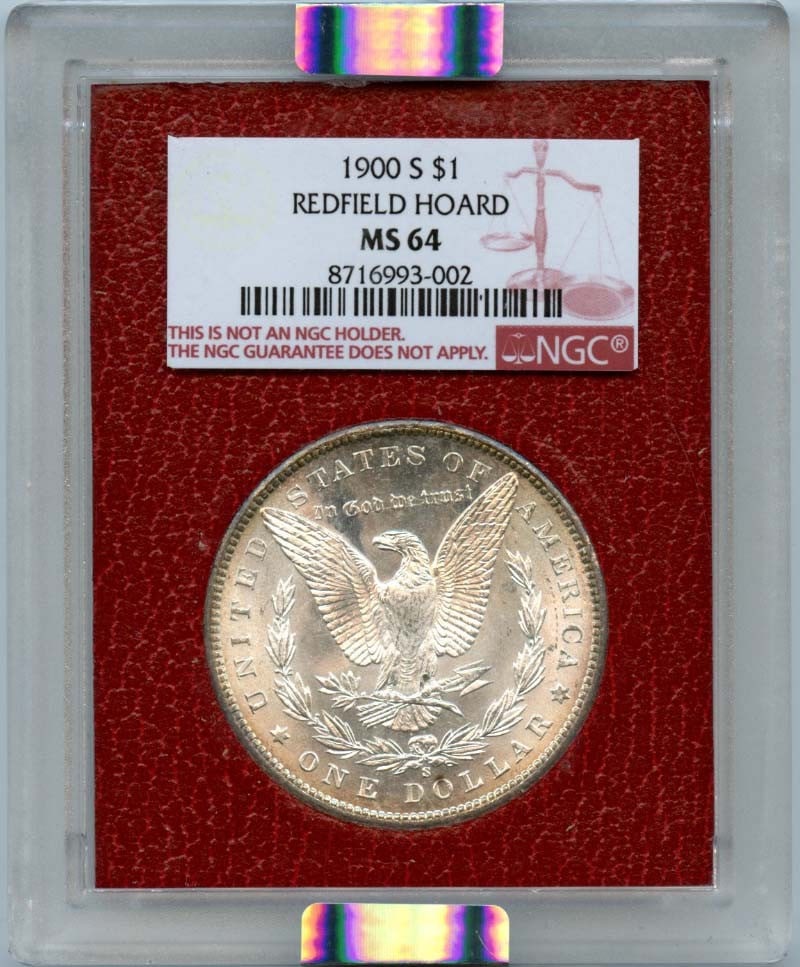 1900 Redfield Hoard Morgan Dollar NGC MS64: 1900 Redfield Hoard Morgan Dollar NGC MS64 This 1900 $1 coin from the United States is part of the Redfield Hoard and has been certified by NGC with a grade of MS64. The coin is uncirculated and comes