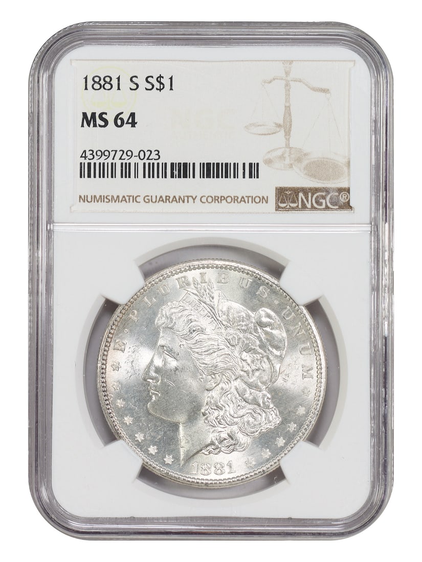 NGC MS64 1881-S Morgan Dollar $1 Uncirculated Coin: NGC MS64 1881-S Morgan Dollar $1 Uncirculated Coin 1881-S Morgan Dollar $1 certified by NGC with an MS64 grade. This uncirculated coin is dated 1881 and was minted in San Francisco. It is described as