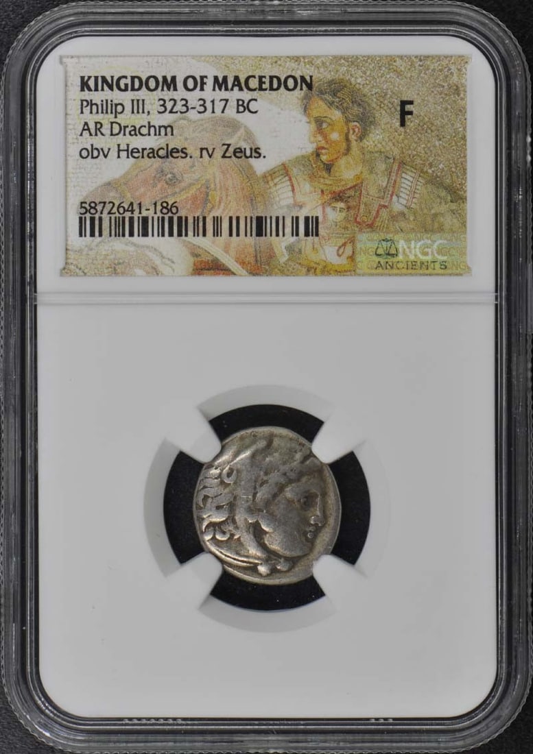 Philip III Ancient Greek Silver Drachm NGC F12 Certified: Philip III Ancient Greek Silver Drachm NGC F12 Certified This is a silver drachm from the Kingdom of Macedon, issued during the reign of Philip III (323-317 BC). The coin has been certified by NGC wit