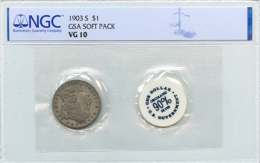 1903-S San Francisco Morgan Silver Dollar NGC VG10 in GSA Soft Pack: 1903-S San Francisco Morgan Silver Dollar NGC VG10 in GSA Soft Pack This is a 1903-S Morgan Dollar presented in a GSA soft pack and certified by NGC with a grade of VG10. The coin was minted in San Fr