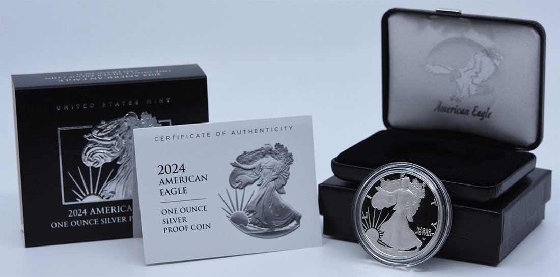 2024-S American Eagle Proof Silver Dollar Uncertified U.S. Mint Coin: 2024-S American Eagle Proof Silver Dollar Uncertified U.S. Mint Coin This 2024-S $1 American Proof Silver Eagle coin showcases the artistry of renowned designers Adolph A. Weinman and Emily S. Damstra