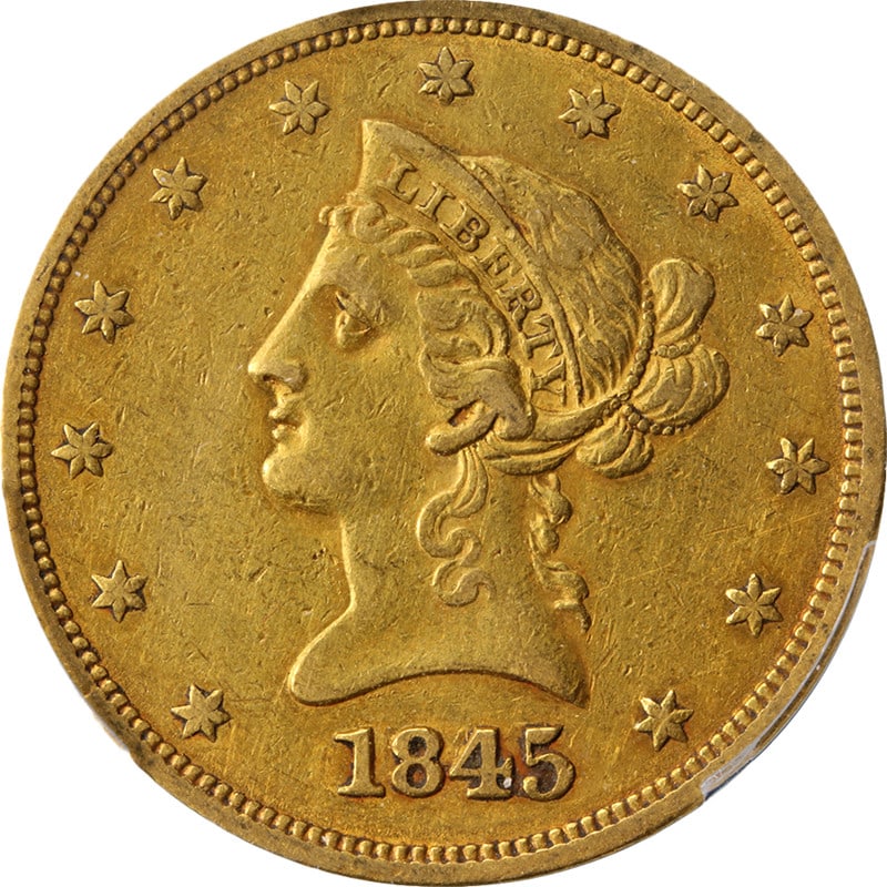 PCGS XF Details 1845-O Liberty Gold Eagle Repunched Date: PCGS XF Details 1845-O Liberty Gold Eagle Repunched Date This 1845-O Liberty Gold $10 coin features a repunched date and has been graded XF Details by PCGS. It is composed of gold with a fineness of 0