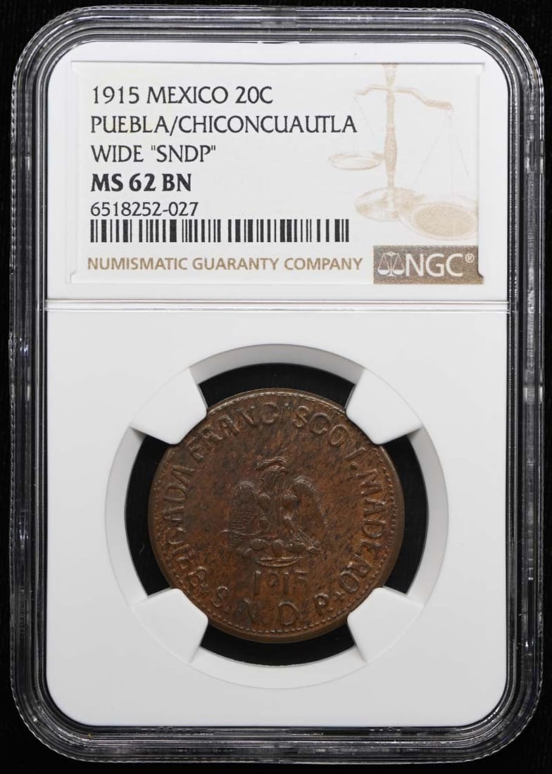 Mexico 1915 Puebla Chicon 20C Coin NGC MS62BN KM-758 GB-389: Mexico 1915 Puebla Chicon 20C Coin NGC MS62BN KM-758 GB-389 1915 Mexico Puebla/Chicon 20 centavos coin certified by NGC and graded MS62BN. This pre-owned coin is listed as uncirculated. Specifications
