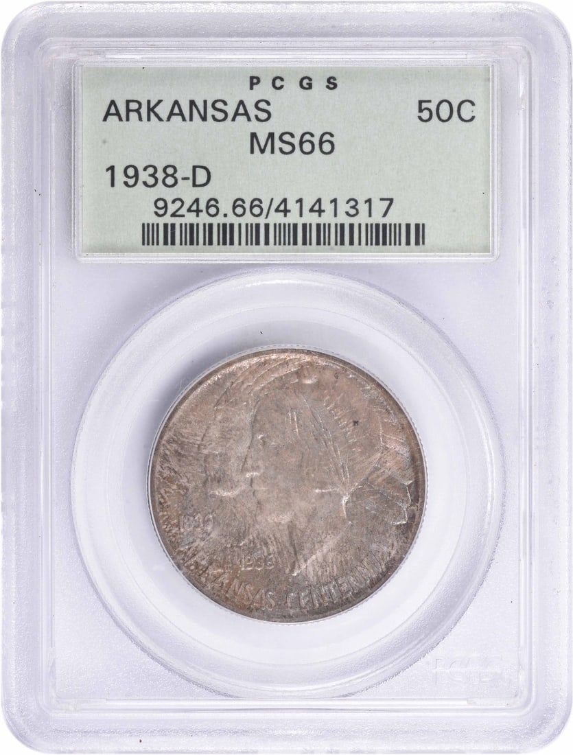 1938-D Arkansas Commemorative Half Dollar PCGS MS66 Silver: 1938-D Arkansas Commemorative Half Dollar PCGS MS66 Silver This is a 1938-D Arkansas Commemorative Silver Half Dollar graded MS66 by PCGS. The coin is uncirculated and features the commemorative desig