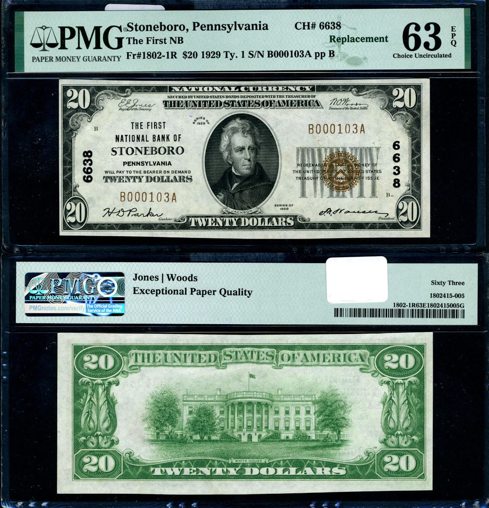 1929 T-1 $20 National Bank Note Stoneboro PA PMG Choice CU63 EPQ: 1929 T-1 $20 National Bank Note Stoneboro PA PMG Choice CU63 EPQ This is an exceptional $20 National Bank Note from Stoneboro, Pennsylvania, issued in 1929 (Type T-1). It features a certification from