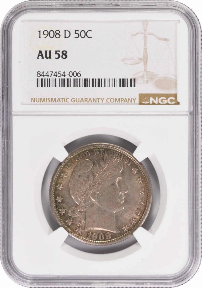 NGC AU58 1908-D United States Barber 50C Silver Coin: NGC AU58 1908-D United States Barber 50C Silver Coin 1908-D Barber Half Dollar certified by NGC and graded AU58. This circulated United States 50C coin is struck in silver and offered as a pre-owned p