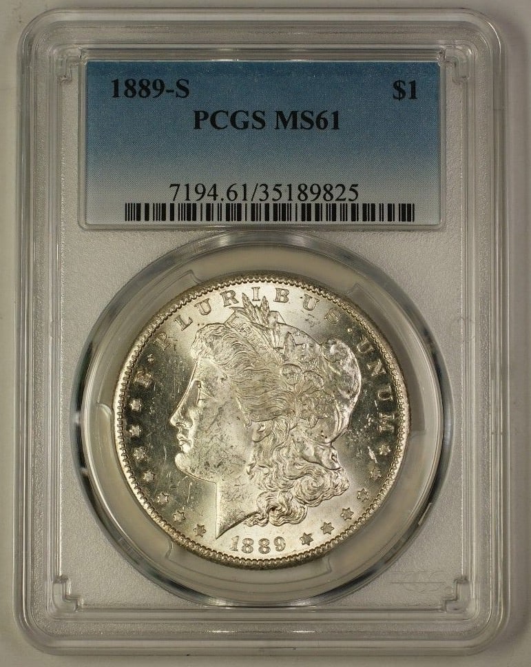 PCGS MS61 1889-S Morgan Dollar Silver Coin San Francisco Mint: PCGS MS61 1889-S Morgan Dollar Silver Coin San Francisco Mint This 1889-S US Morgan Silver Dollar is certified by PCGS with a grade of MS 61, indicating an uncirculated condition. Minted in San Franci