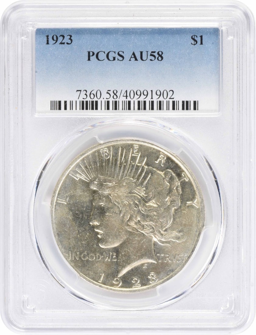 PCGS AU58 1923 United States Peace Dollar Silver $1 Coin: PCGS AU58 1923 United States Peace Dollar Silver $1 Coin 1923 Peace Silver Dollar certified by PCGS and graded AU58. This pre-owned United States $1 coin is composed of silver and is listed as uncircu