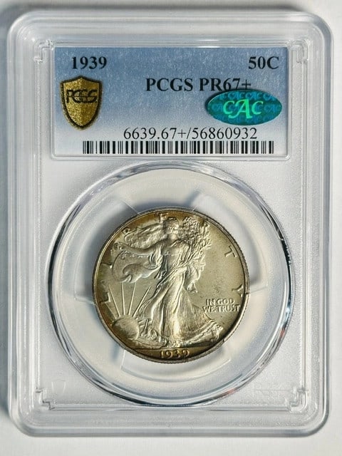 PCGS PR67+ CAC 1939 Walking Liberty 50C Proof Half Dollar: PCGS PR67+ CAC 1939 Walking Liberty 50C Proof Half Dollar 1939 Walking Liberty Half Dollar proof coin certified by PCGS and CAC. This pre-owned example is graded PR 67+ and noted for its very pretty t
